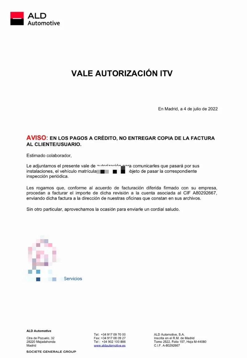 ALD Automotive's ITV authorisation voucher, telling the station to bill the inspection to the leasing company's account, with the plate and the signature blurred