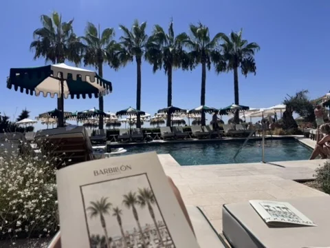 M&auml;nniskor som njuter av maten p&aring; en poolklubb i Marbella som heter Barbillon