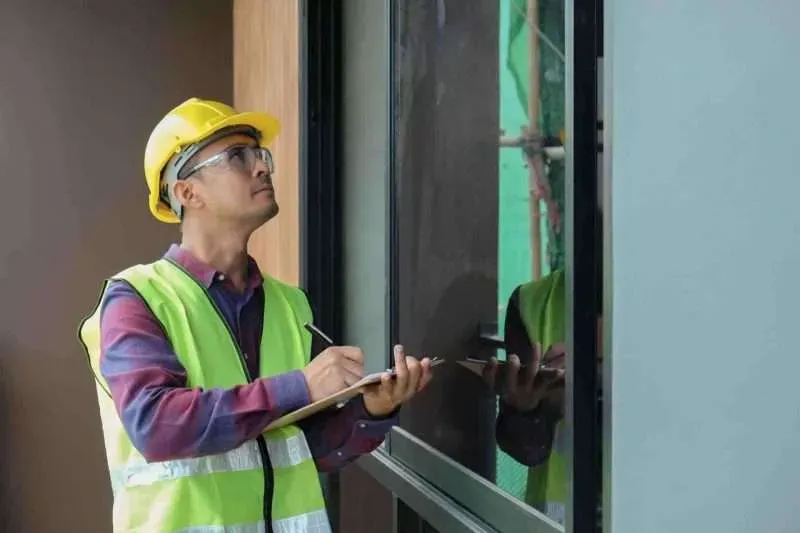 Building surveyor in hard hat and hi-vis vest taking notes while inspecting a window
