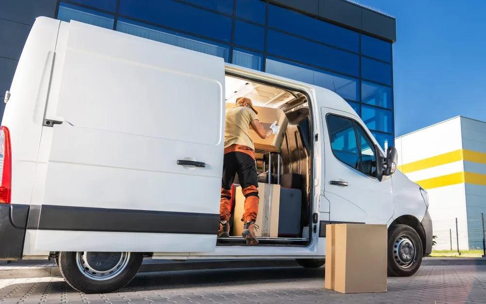 Courier unloading cardboard boxes from the back of a white delivery van