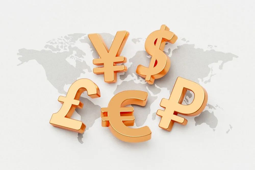 Golden 3D currency symbols including euro, pound, dollar and yen over a world map