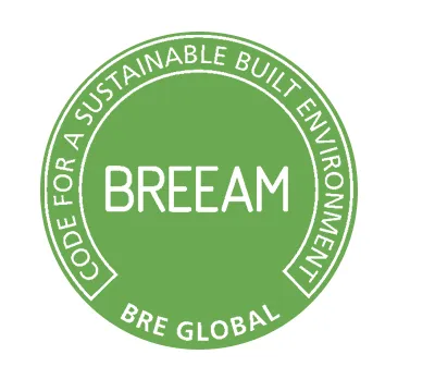 Green circular BREEAM seal reading Code for a Sustainable Built Environment, BRE Global