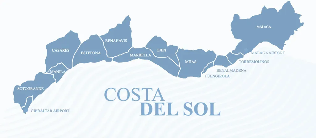 Illustrated map of Costa del Sol areas from Sotogrande to Malaga, including Marbella, Estepona and Mijas