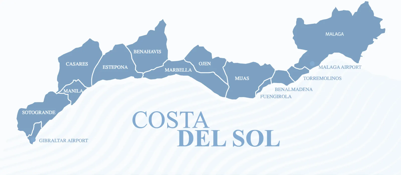 Illustrated map of Costa del Sol towns from Sotogrande to Málaga
