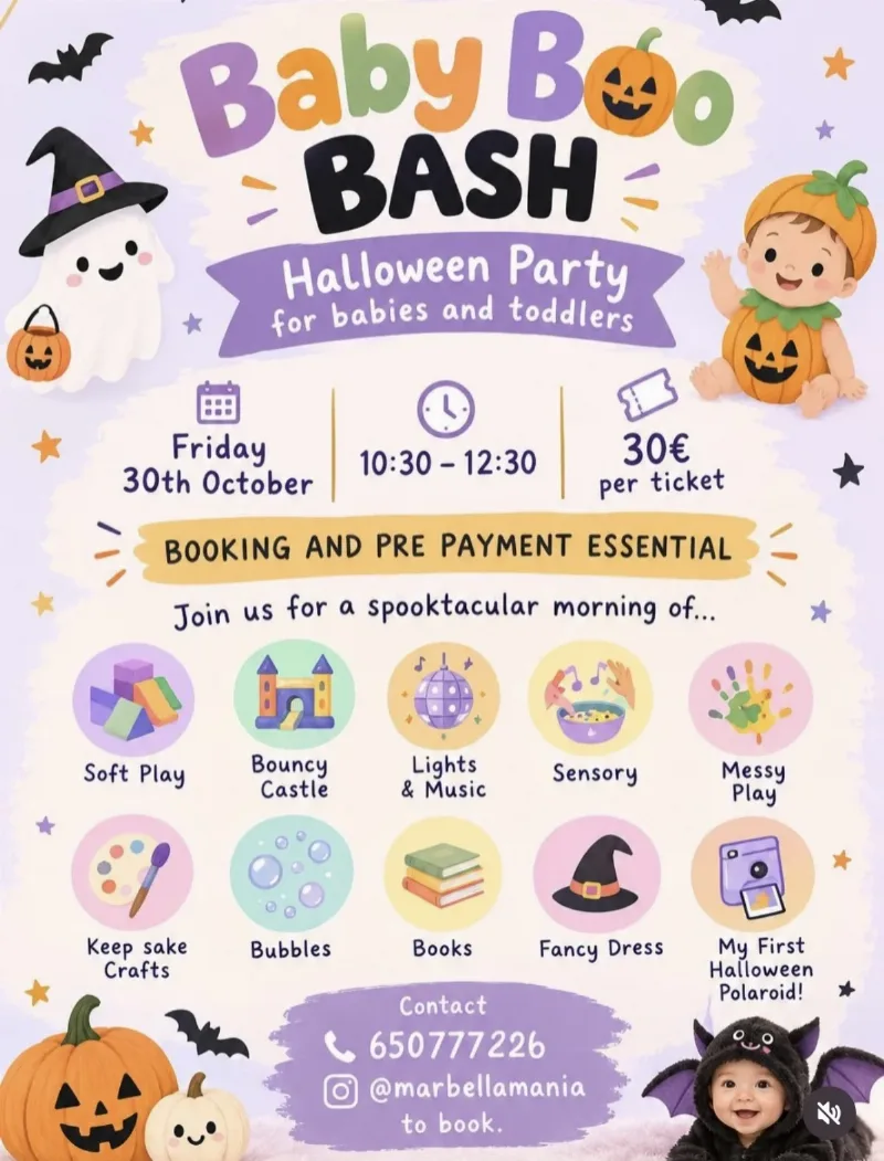 Marbella Mania's flyer for the Baby Boo Bash, a Halloween party for babies and toddlers on Friday 30 October from 10:30 to 12:30, €30 a ticket