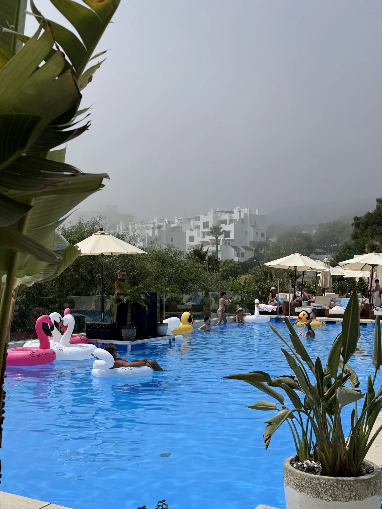 Solstolar och parasoller med fransar runt poolen p&aring; Nube Estepona med havet i bakgrunden