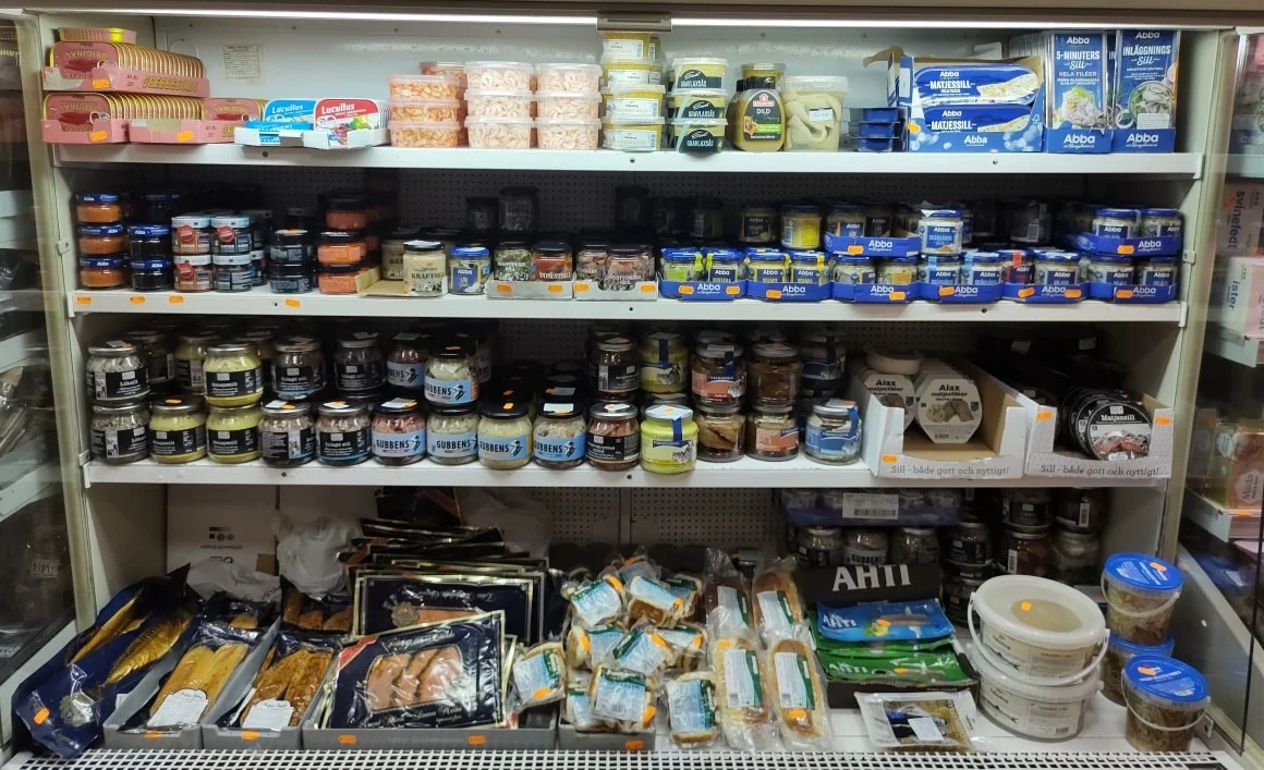 Shelves of Norwegian and Swedish groceries inside Casa Nórdica in Fuengirola