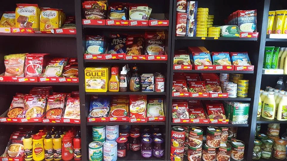 Shelves of Norwegian and Swedish groceries inside Casa Nórdica in Fuengirola