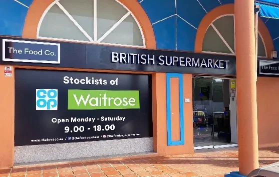 The Food Co storefront in Calahonda, the British supermarket stocking Co-op and Waitrose