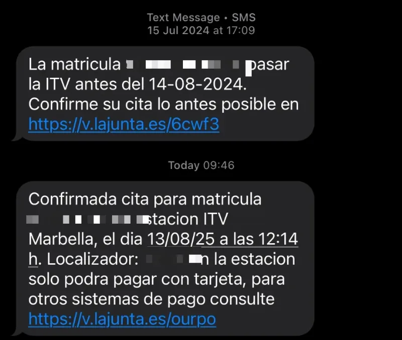 Two text messages from ITV-VEIASA: the reminder a month before the date with a booking link, and the confirmation naming the ITV Marbella station, the time, a locator code, and that the station takes cards only