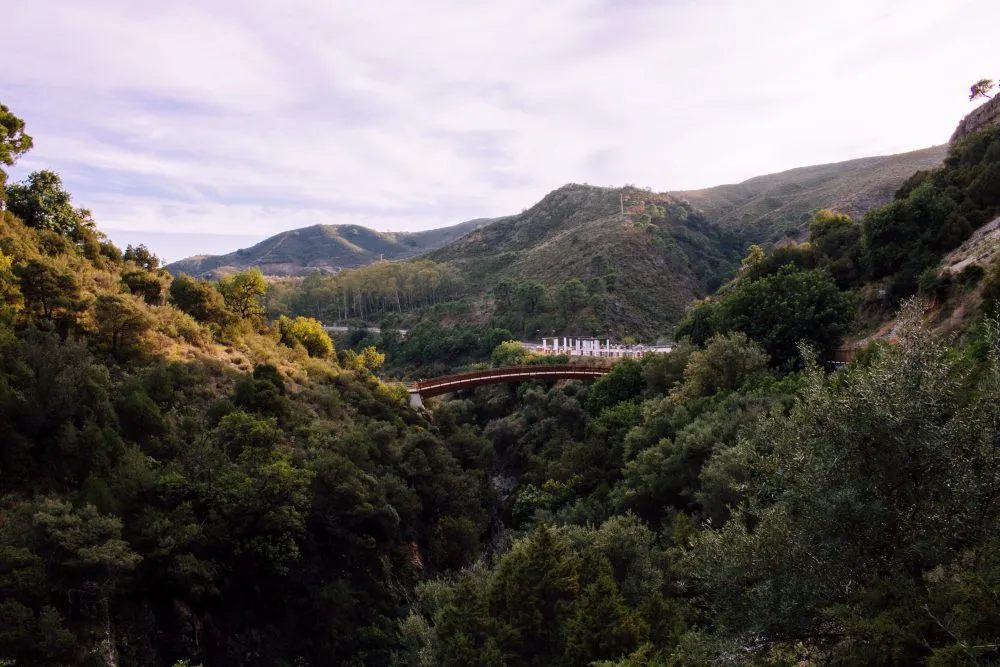 Wooded hills around Benahavís with a bridge spanning the gorge and white village buildings beyond